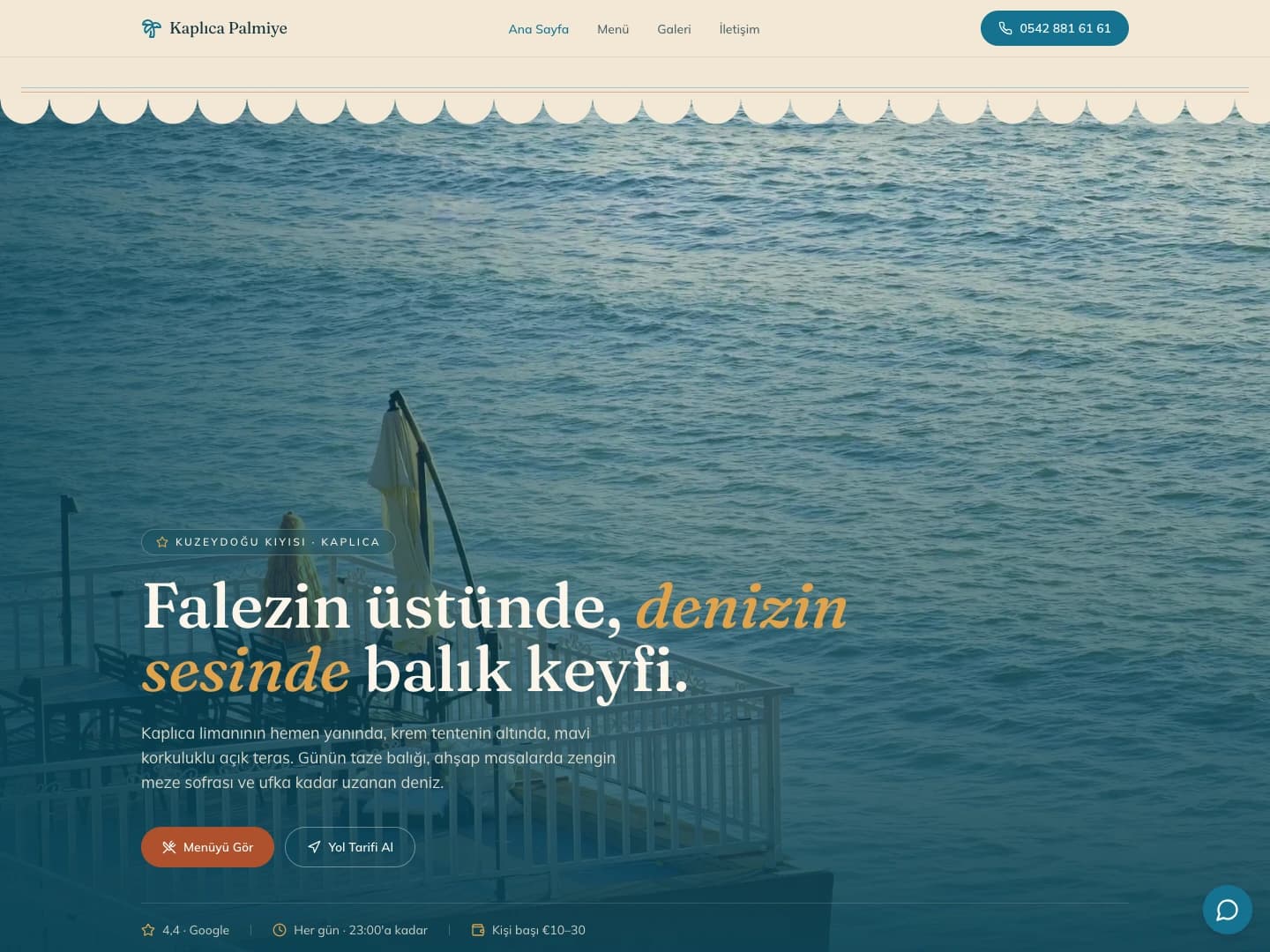 Kaplıca Palmiye Restaurant web sitesi ekran görüntüsü